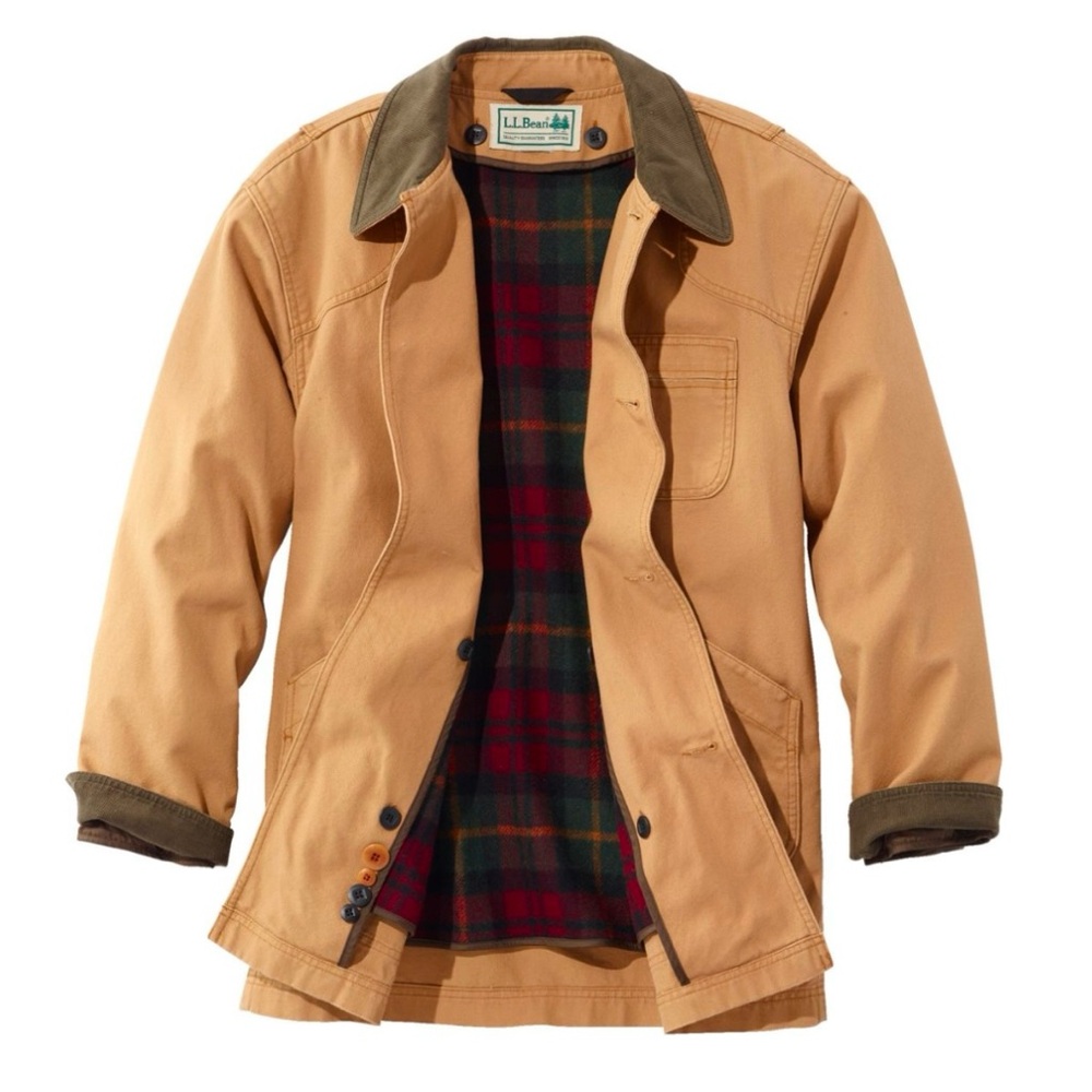 L.L. Bean Tan Canvas Jacket with Olive Collar and Plaid Lining